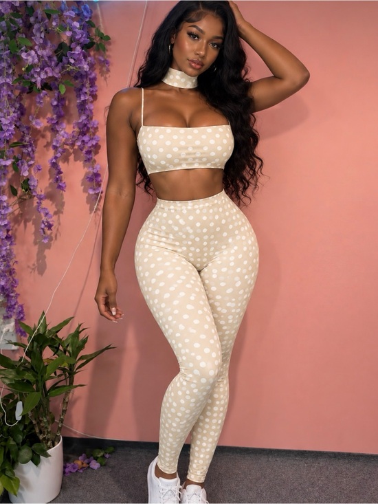 Other - Beige Polka Dot High-Waist Leggings - Women Pants